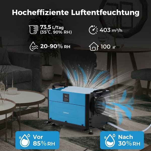 Industriel affugter, 73,5 l/dag, 3 tilstande, timer