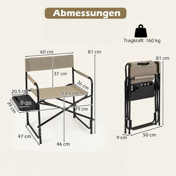 Sammenklappelig instruktørstol med sidebord, 150 kg