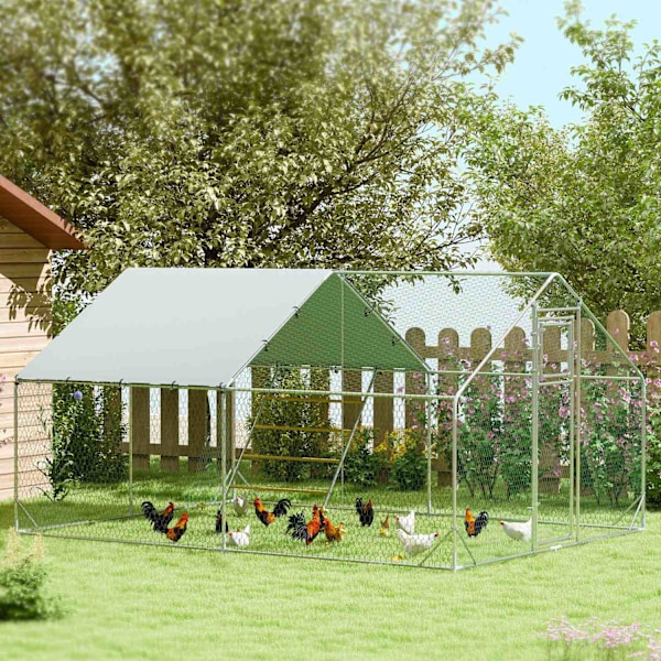 Frigående hönsskåp av stål, 300 x 400 x 195 cm hönsbur med UV-beständigt lock, foderlucka, hängfoder, abborre, hönsskåp för 12-18 kycklingar, smådjur,