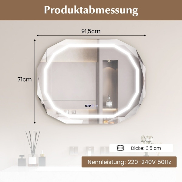 Anti-dim badrumsspegel med 3-färgs LED-ljus & minnesfunktion & tid & temperaturavläsning