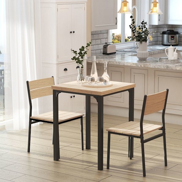 3-Delt Spisestuesæt Med Træbord Mdf + Metal, Naturligt Træ Årer + Sort, 1 Bord + 2 Stole