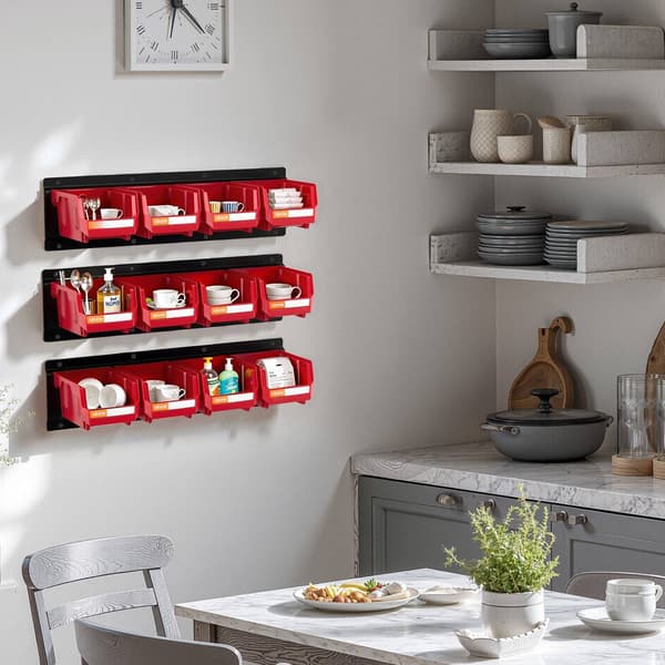 Väggmonterade förvaringslådor, 12-pack med 3 skenor, röda