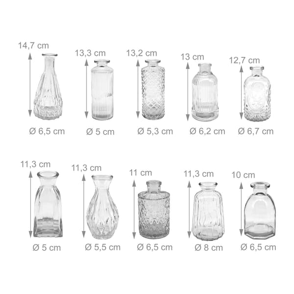 Set med 10 dekorativa vaser i texturerat glas