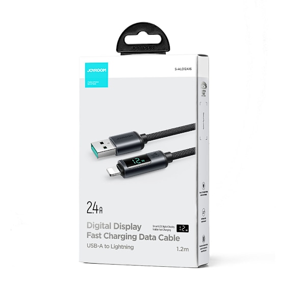 Kabel för iPhone med LED Lightning-display - USB-A 2,4A 1,2m svart