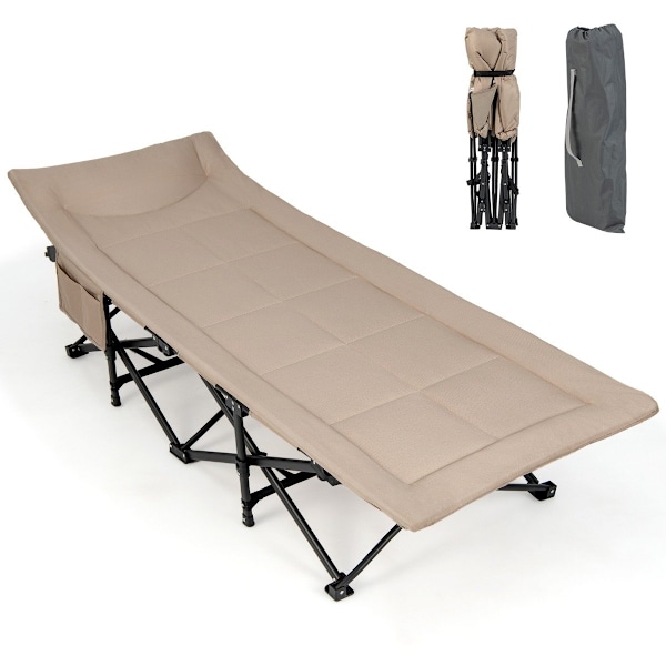 Fällbar campingsäng med sidficka, tältsäng, lastkapacitet upp till 200 kg, gästsäng, khaki
