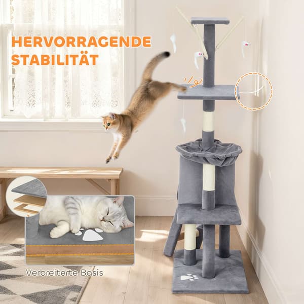 Kradsetræ med hule, sisalstolper, legetøj, til katte <5 kg, grå