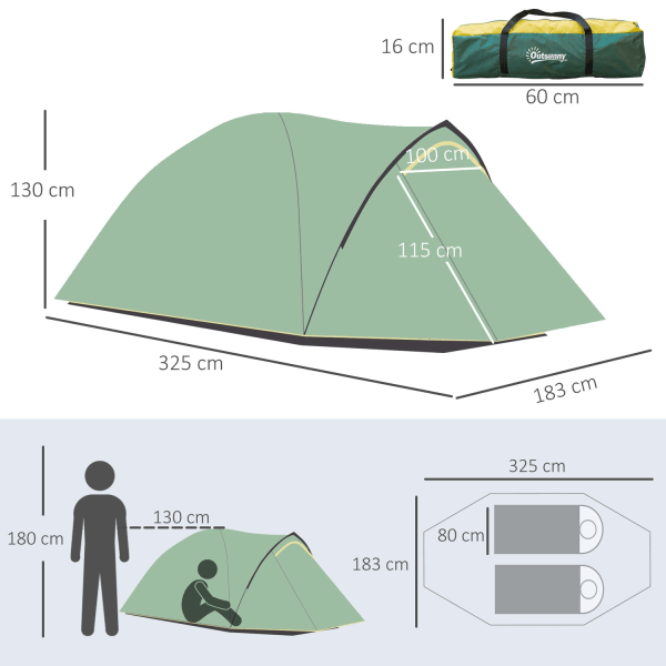 Dome -Teltta 2-3 Hengelle 190T Lasikuitupolyesteri Vihreä+Keltainen 325X183X130Cm Tapit