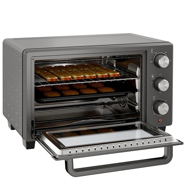 Miniuuni 21L 1400W 60 min Ajastin, pieni uuni 100°C-230°C säädettävällä lämpötilalla, miniuuni uunipellillä, ritilä, pöytäuuni ruostumatonta terästä,