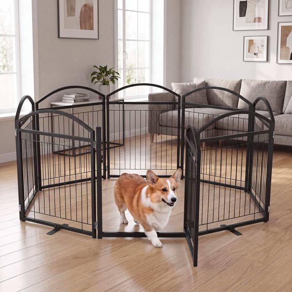 Sammenklappelig metalgitter til hund med 8 paneler og dør, 480x81 cm, sort