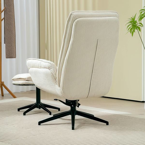 Relaxstol med pall, 360° roterande TV-stol med liggfunktion, TV-stol med sladdlook, fåtölj för vardagsrum, sovrum, beige
