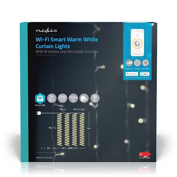 SmartLife Jouluvalot | Verho | Wi-Fi | Lämmin Valkoinen | 200 LED's | 3.00 m | Android™ / IOS