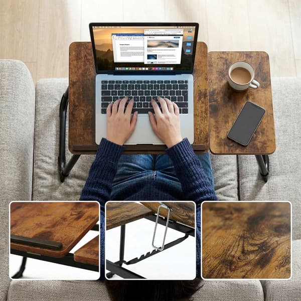 Justerbart laptopbord – Sammenklappelig, vipbar bordplade i trælook
