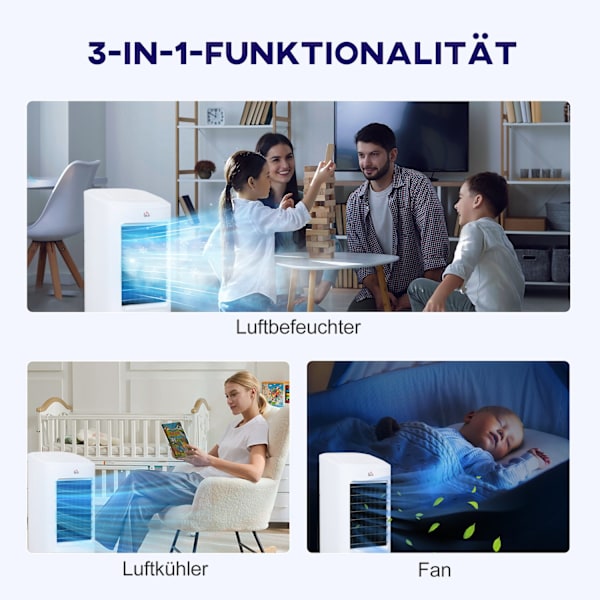 3 i 1 mobil luftkonditionering med befuktning Vattenkylning, automatisk oscillerande 7L luftkonditionering med 7,5h timer, 3 hastigheter 65W luftkylar