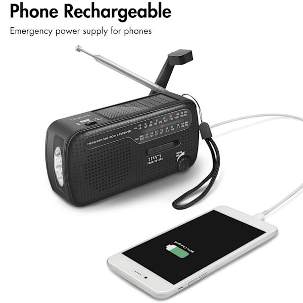 Vevradio med ficklampa och solcell Svart