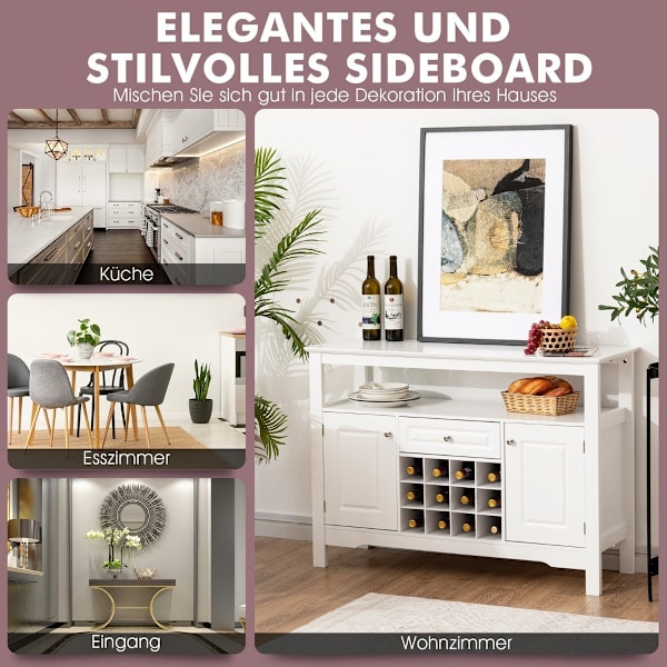 Moderne spisestuebuffet med krydsformet vinreol åben hylde 2 skabe & skuffe hvid