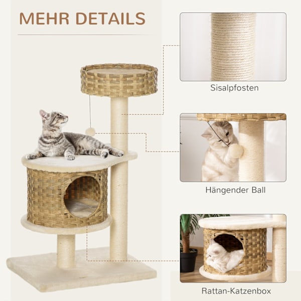 Kradsestolpe Rattan Kattetræ, Klatretræ Med Cat Cave & Sisal Posts, Legebolde, 95Cm, Natural Sisal+Beige