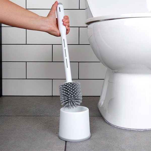 Silikone toiletbørste med stativ og væskedispenser hvid 40 cm