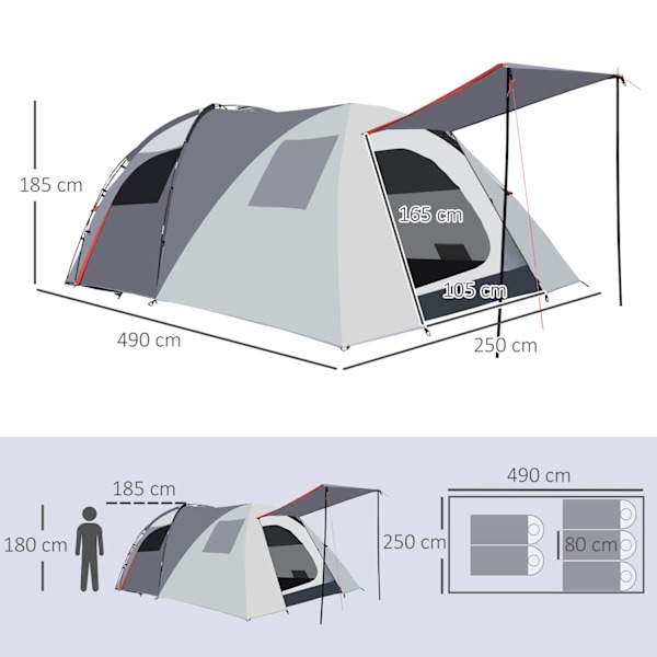 Campingtelt 5-Personers Tunneltelt Med Soveværelse, Bæretaske, 2000 Mm Vandsøjle, Netvindue, Grå