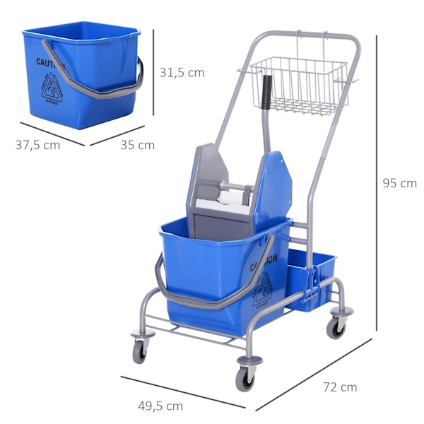 Städvagn, städvagn, mobil hink, städhink, 25 liters moppvagn med vridare, krok för mopp, hushållsvagn med 4 hjul, blå Aosom