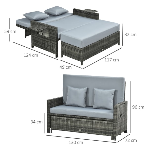 Polyrattan Lounge Sofa Havesofa 2-Personers Med Pude & Skammel Havelounger Grå