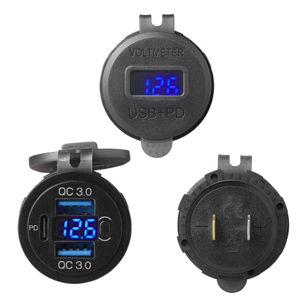 USB-stik triple med 2x type A og 1x type C + voltmeter