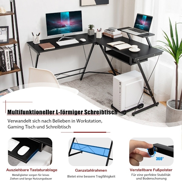 Arbejdsbord L-formet computerbord med bevægeligt stativ Sort