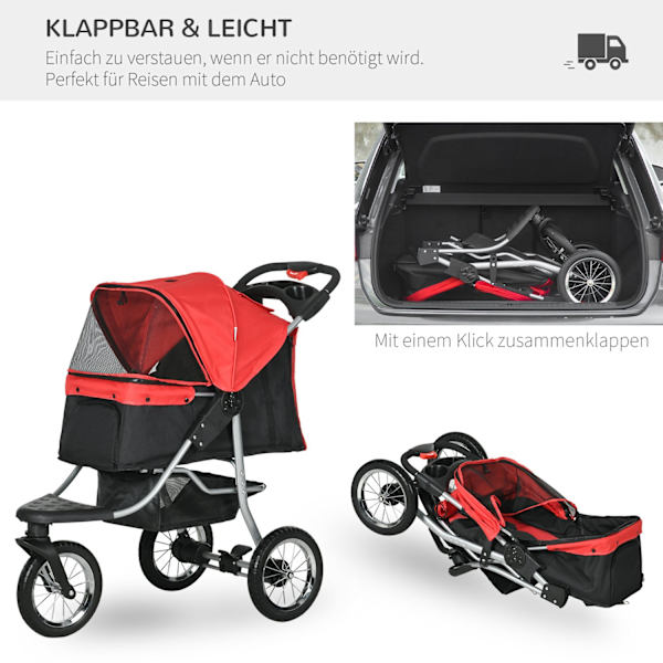 Dog Cart Dog Buggy Cat Buggy Lemmikkirattaat 3 Pyörällä Taitettava Koirankissa Oxford Red + Black 109,5 X 54,5 X 106,5 Cm