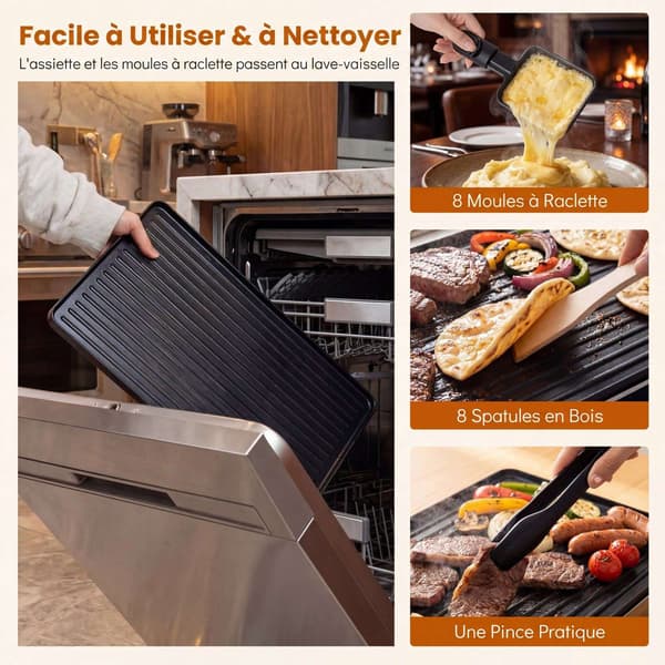 1400W Raclette Grill med vendbar non-stick plade, 8 pander