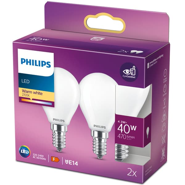 2-pak LED E14 Globe 4,3W (40W) Frost 470lm