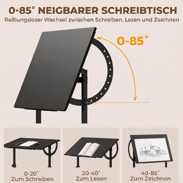 Justerbart ritbord med lutning, svart, 90x60 cm