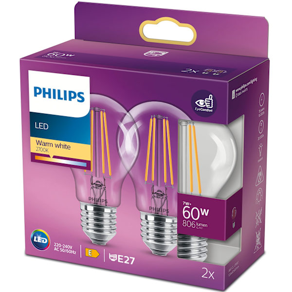 2-pak LED E27 Normal 7W (60W) Klar 806lm