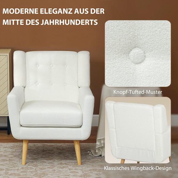 Fåtölj Vardagsrum Wing Stol Vadderad Tuftad Lounge Chair Avslappningsstol med Teddy Fleece Look Träben Klädd Stol för Sovrum Vit Aosom
