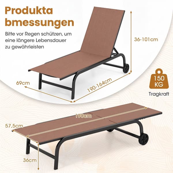 Set med 2 bruna solstolar med hjul och justerbart ryggstöd