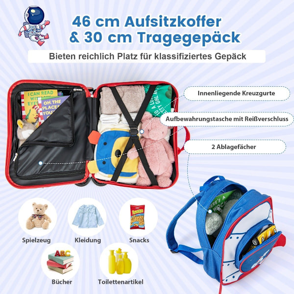 2-osainen lasten matkalaukku + reppu 47 cm pitkä ajettava matkalaukku ja 30 cm leveä reppu 12"+18" astronautit