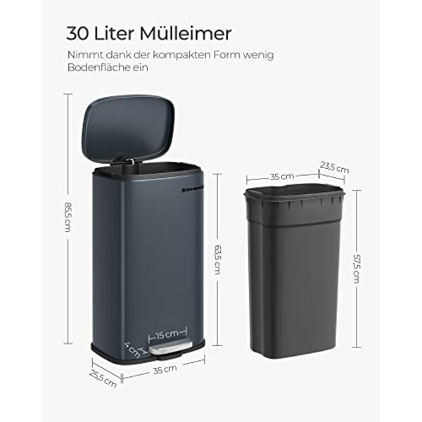 30L røggrå køkkenspand med soft-close låg og pedal