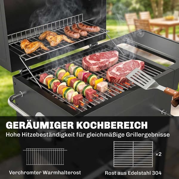 Kompakt kolgrill med termometer och sidobord