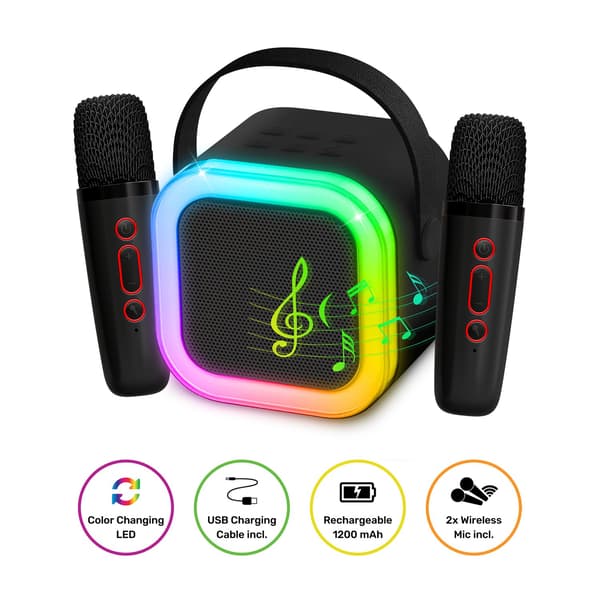 Trådløs karaokehøjttaler, LED-lys, 2 mikrofoner, Bluetooth