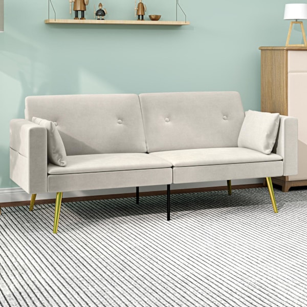 Bäddsoffa, bäddsoffa med justerbart ryggstöd, sidoficka, vadderad 2-sits soffa med sovfunktion, kuddar, för vardagsrum, sovrum, beige