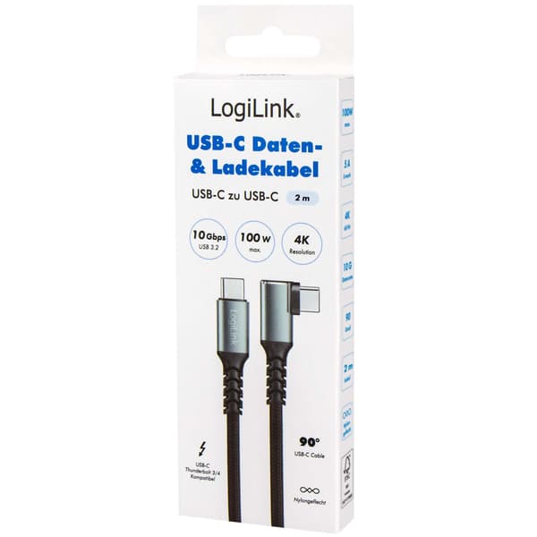 LogiLink USB-C til USB-C kabel 2 m, 90° vinklet, 100W PD, grå/sort, 4K 60Hz