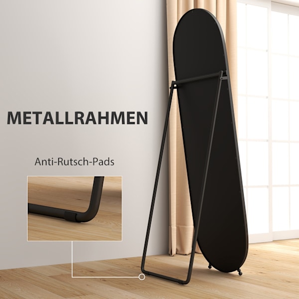 Spejl i fuld længde, 160 x 40 cm vægspejl med stativ, metalramme, ovalt stående spejl til stue, soveværelse, sort |