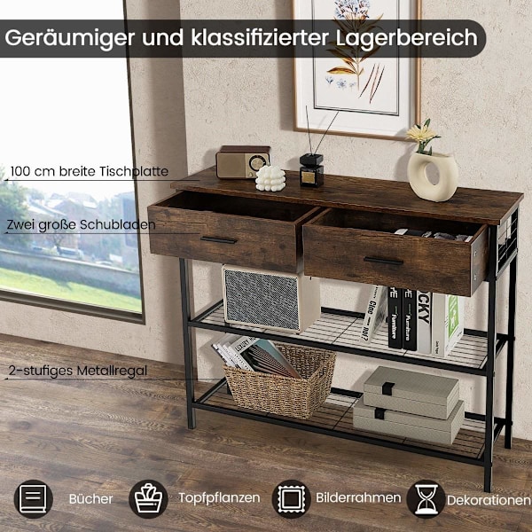 100 cm konsolbord med 2 skuffer 3 plan gangbord lavet af træ sidebord med metalstel rustik brun