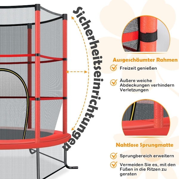 Ø140 cm havetrampolin med sikkerhedsnettrampolin kan holde op til 135 kg til børn fra 3 år og derover rød