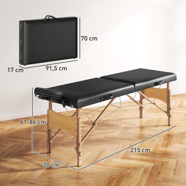 Højdejusterbart massagebriks, træstel, foldbar massageseng, skumpolstring, sort