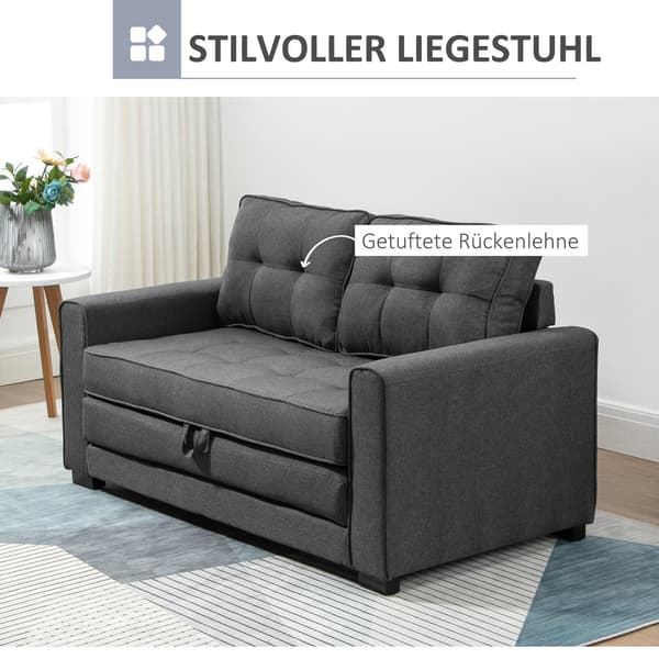 Bäddsoffa, hopfällbar soffa, 2-sits, bäddsoffa med sovfunktion, linnetouch, gummiträ, grå, 147,5x75x85cm