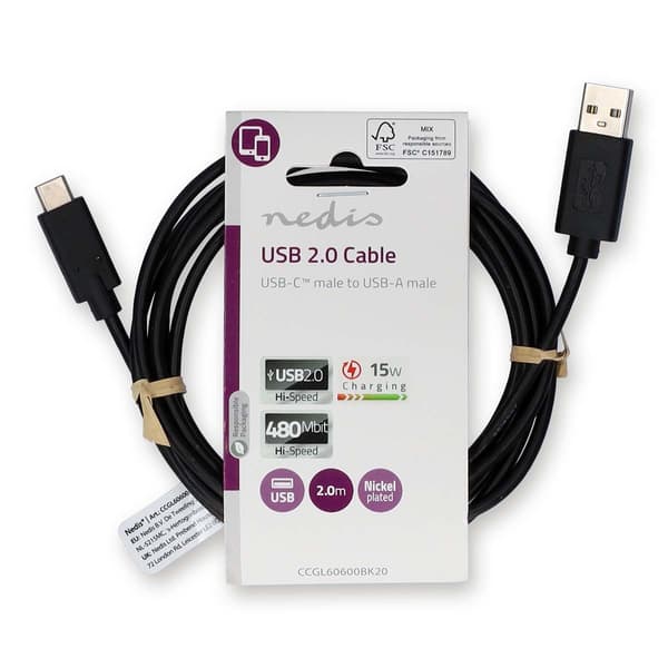 USB-kabel | USB 2.0 | USB-A Han | USB-C™ Han | 15 W | 480 Mbps | Nikkelplateret | 2.00 m | Runde | PVC | Sort | Label