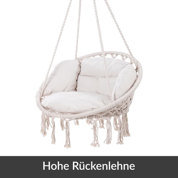 Krämfärgad boho hängstol med kuddar, inomhus/utomhus