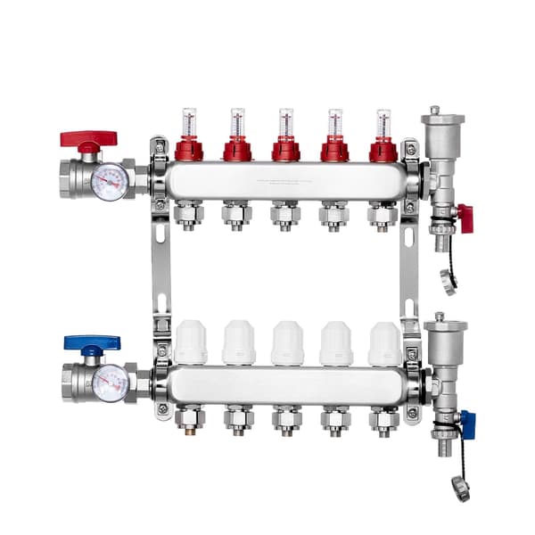 PEX-varmemanifold, 5-løkker, rustfrit stål, 1/2" adaptere