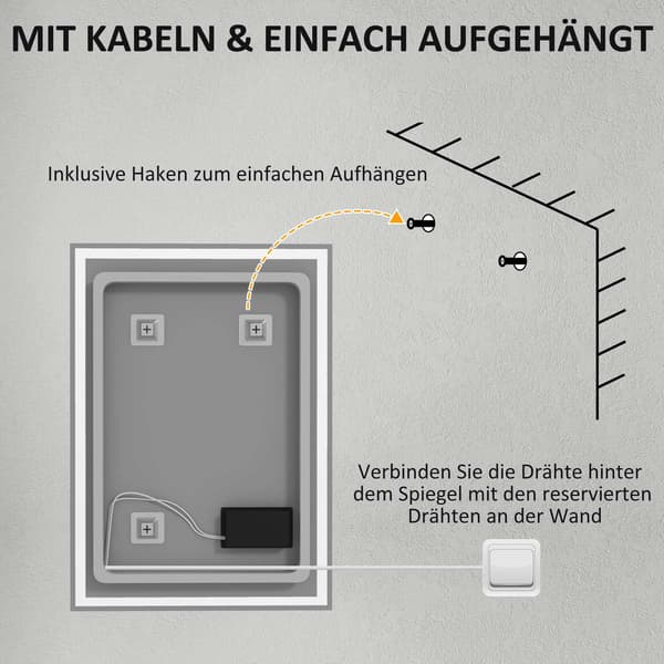 Badeværelsesspejl, vægspejl, LED, touch switch, hvid