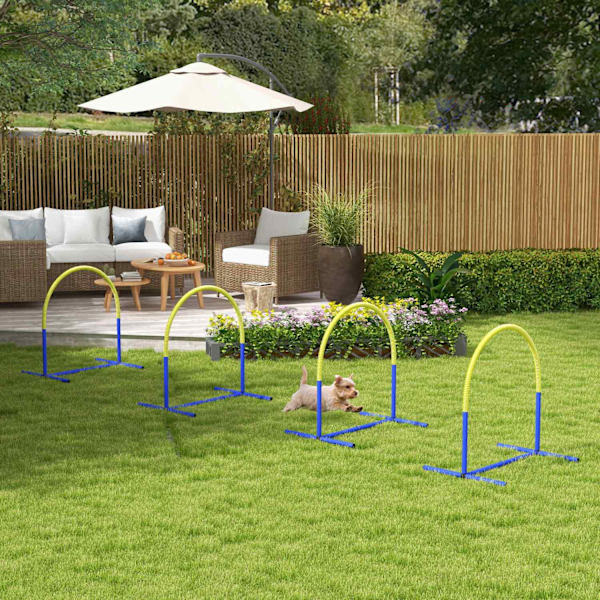 Dog Agility sæt på 4, 88 x 64 x 95 cm, med 4 buer, bæretaske, bærbar, til ældre eller meget unge hunde, PE, ABS, gul