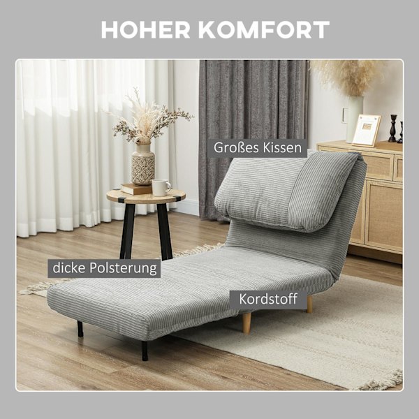 2-i-1 sovesofa, stoleseng, justerbar klapmadras, gæsteseng i fløjlsbukslook, til soveværelse, stue, grå 82 x 89 x 83 cm Aosom